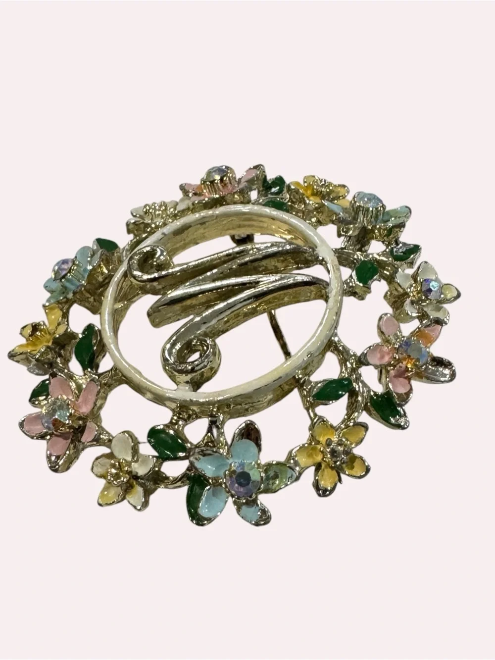 Vintage Floral Monogram “M” Brooch Gold Tone Pastel Rhinestone Wreath Pin